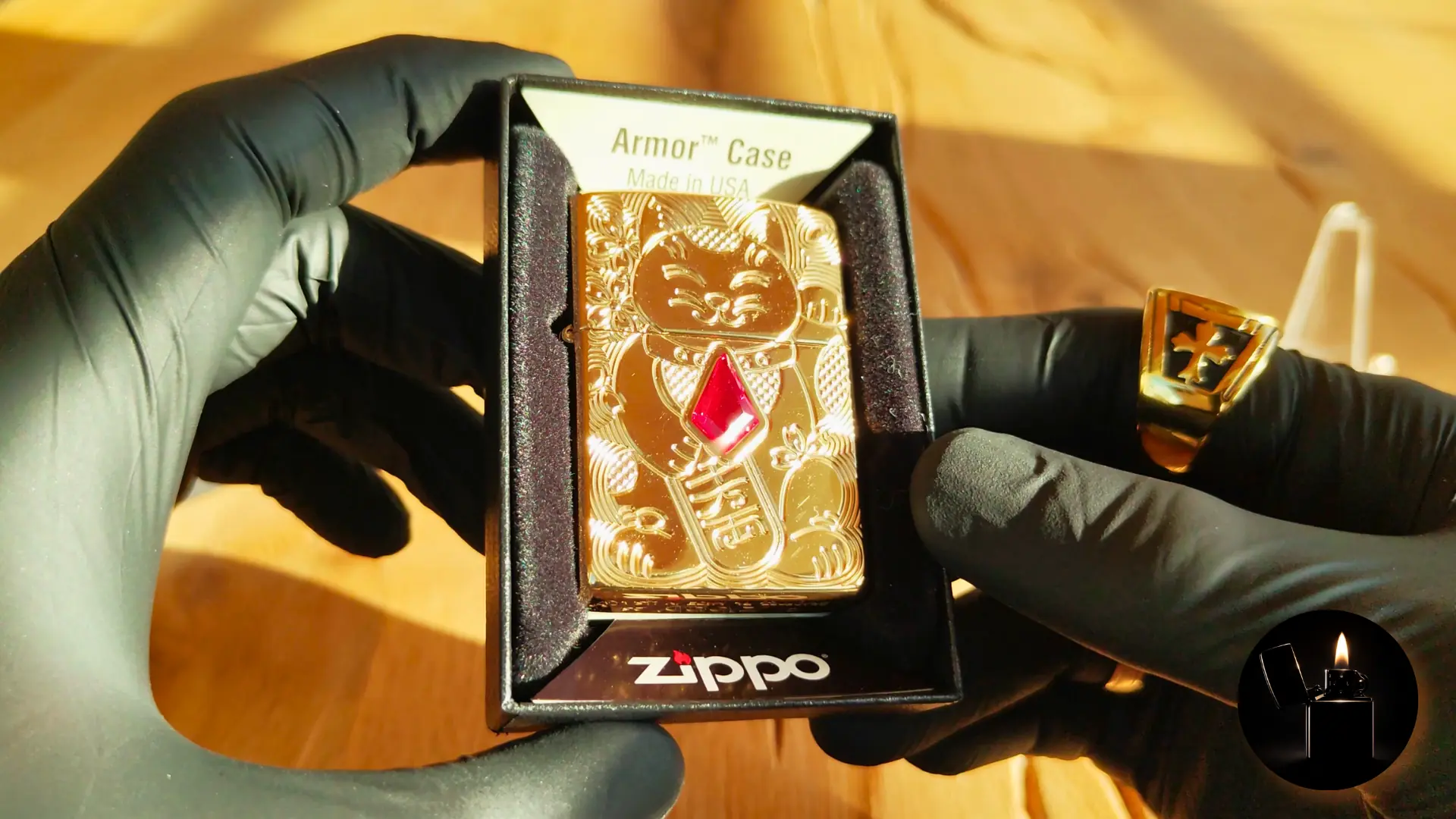 Zippo Japanese Lucky Cat Design Armor 49802 front view