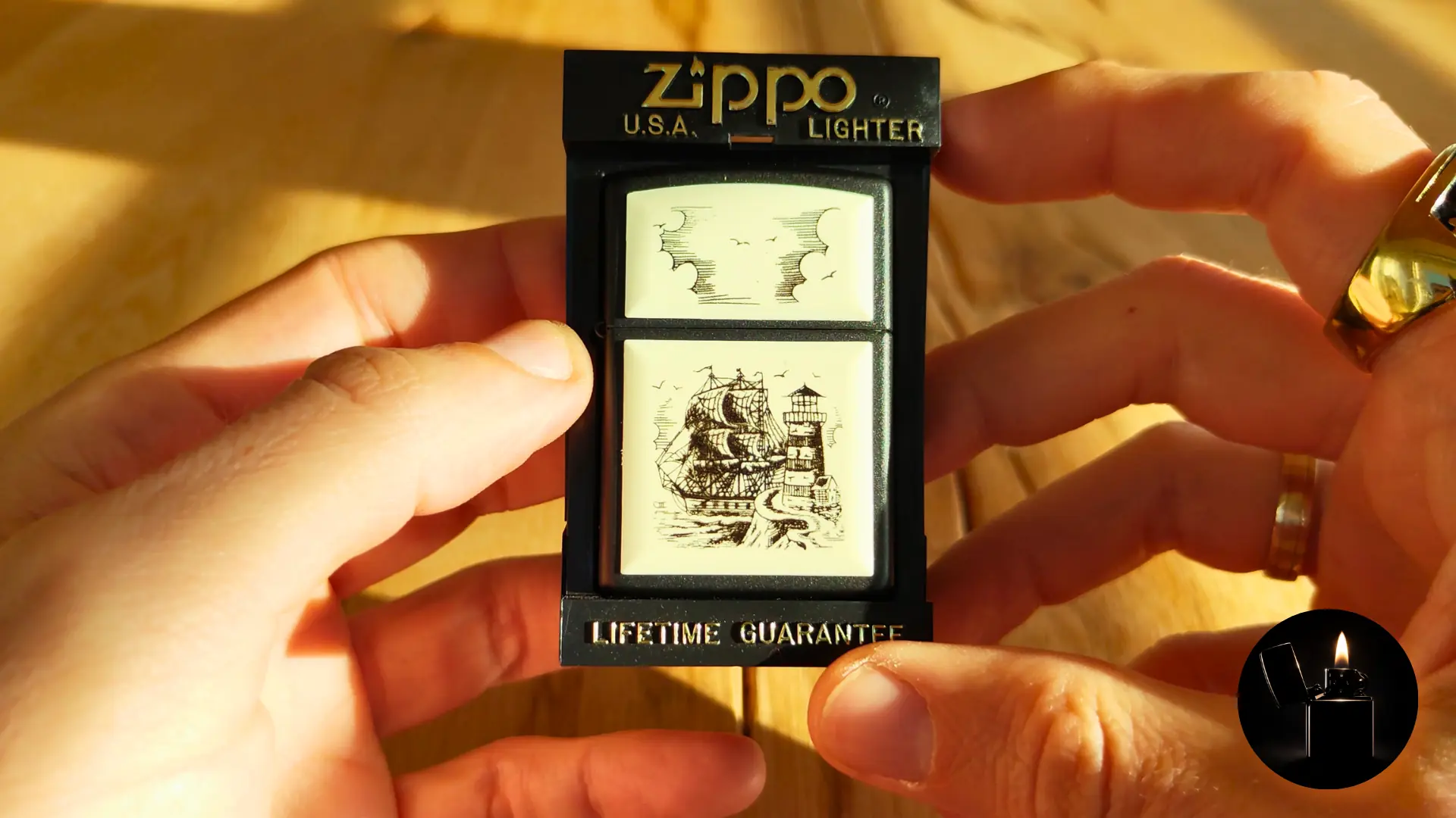 Zippo Scrimshaw Ship & Lighthouse 368 front view